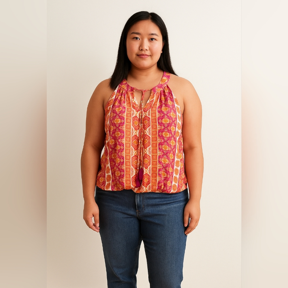 Rose & Olive Orange and White Sleeveless Tank Blouse With Rouged Hemline
